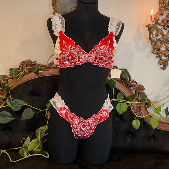 Vintage Ellen Brock Lace Lingerie 2 Piece Set Ruffle Strap Size M Red/White - Picture 1 of 5
